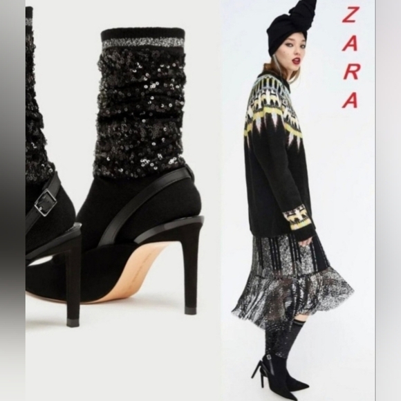 Zara Black Sequin Heeled Boots - Picture 1 of 10